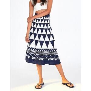 Farm Rio Navy White Geometric Linen Blend Midi Skirt Pyramid Print Boho Small